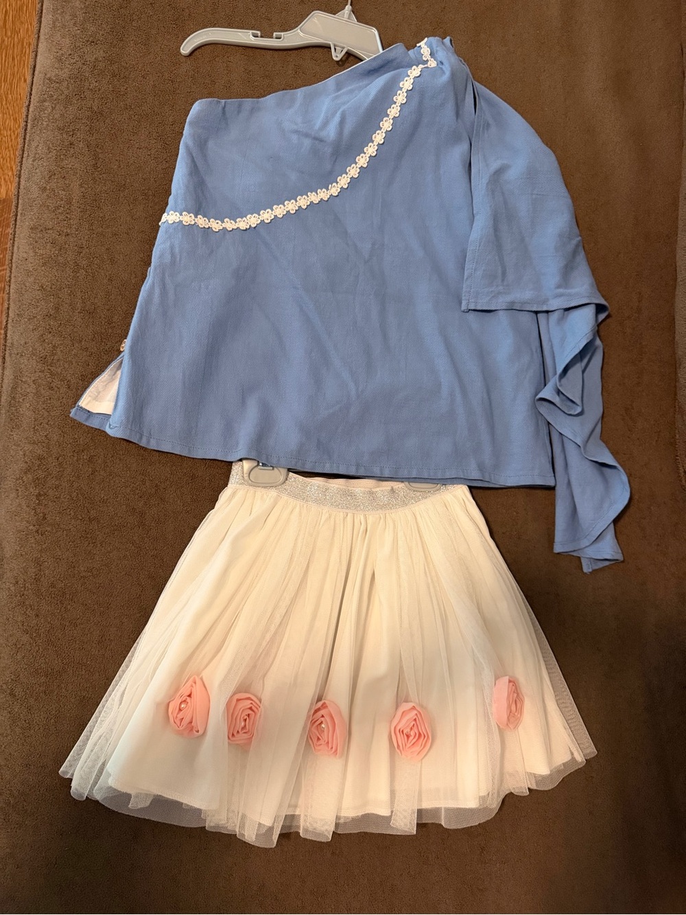 Blue One-Shoulder Top with Cream Tulle Skirt Set - Pink Rose Accents